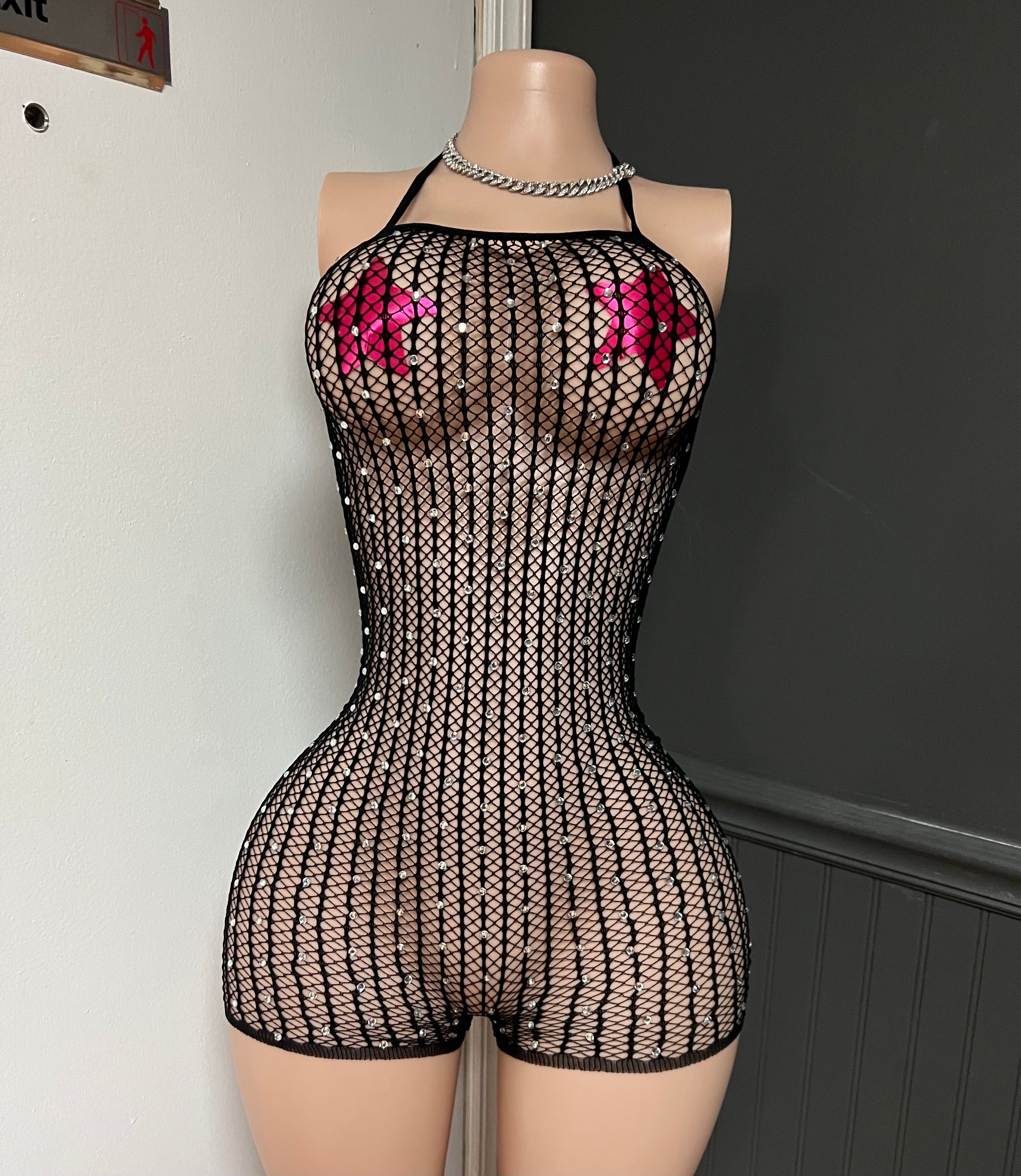 Ruby Rhinestone Mesh Bodysuit